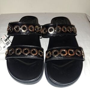 ZARA Black Leather Flat Sandals‎ Gold Grommet Double Strap Slide Women's Size M